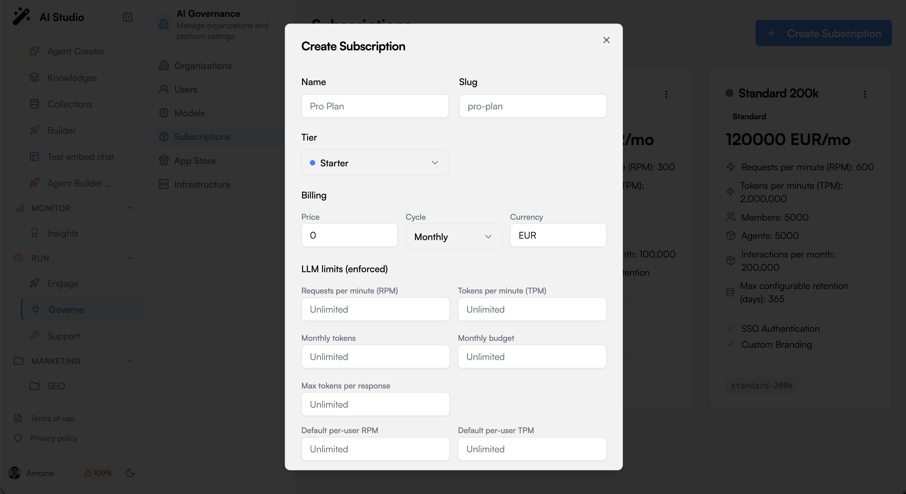 Create subscription form with billing, LLM limits and model tiers