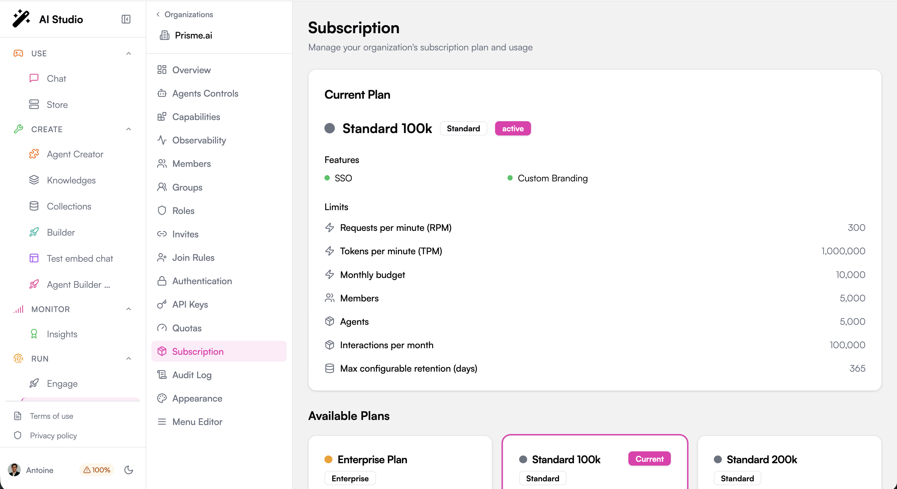 Organization subscription view showing the current plan, limits and features