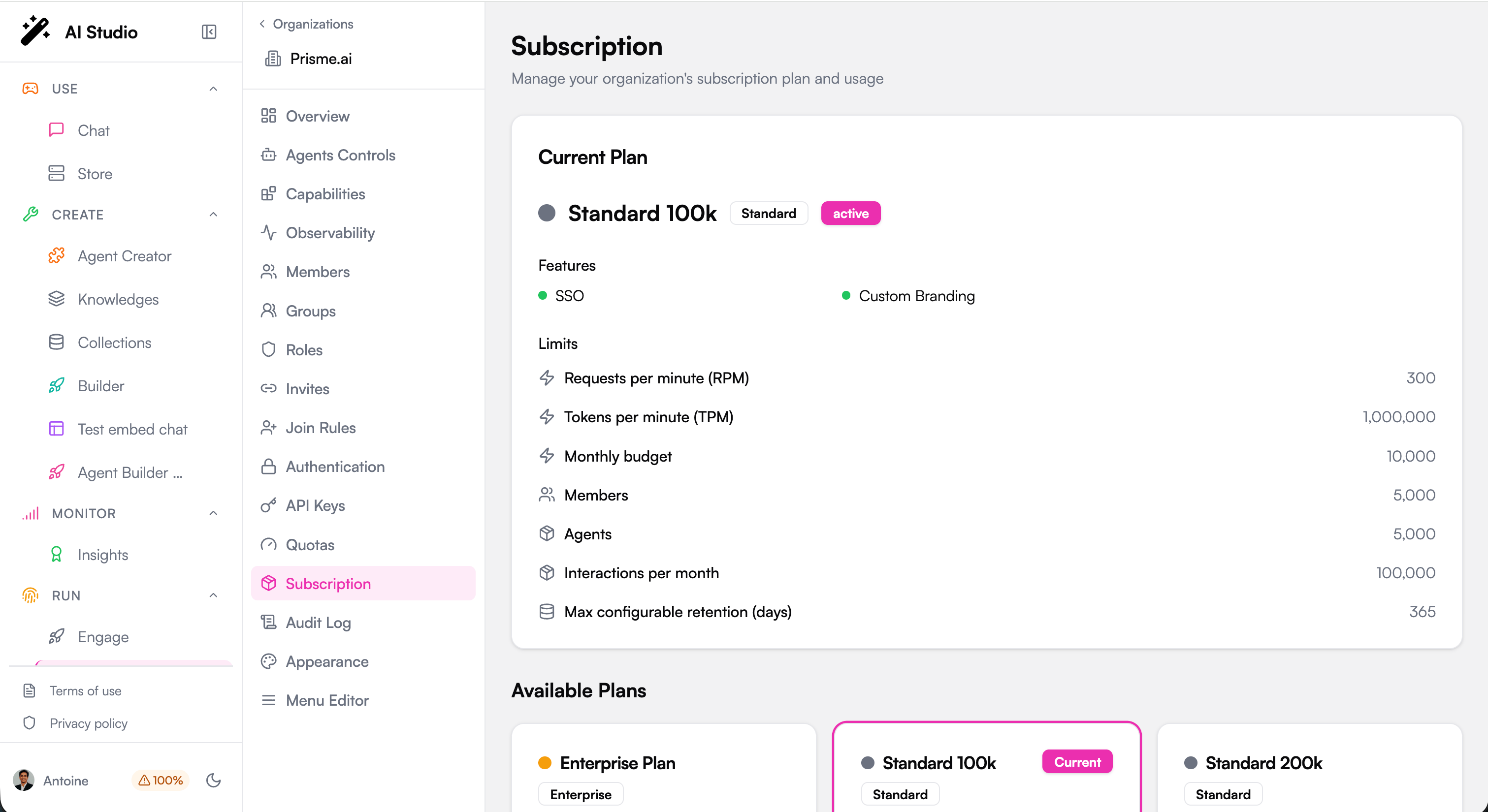 Organization subscription view showing the current plan, limits and features