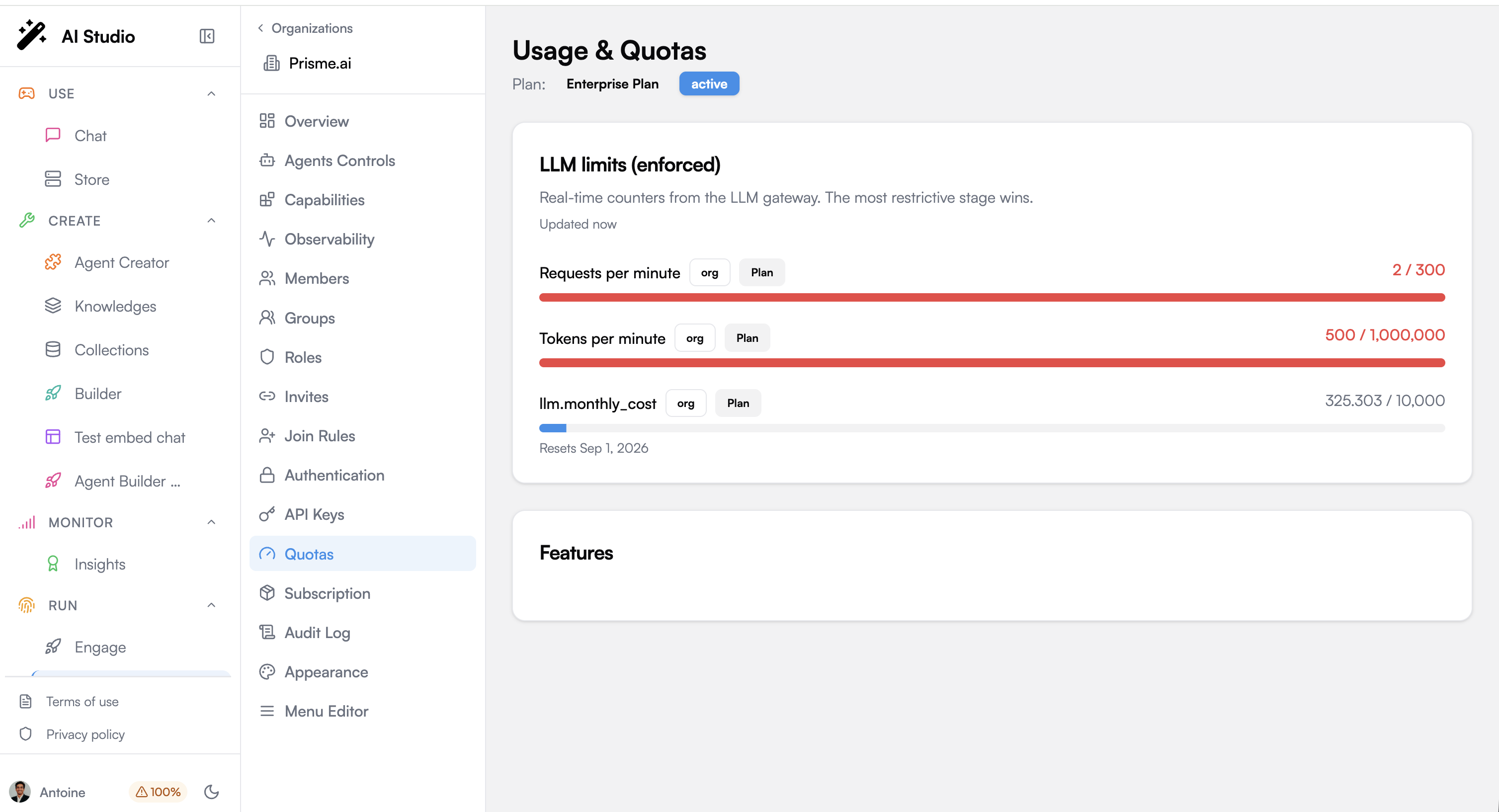 Usage and Quotas view with live RPM, TPM and monthly budget gauges