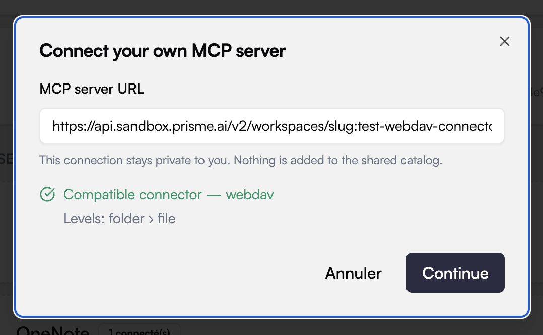 After Check: Compatible connector — webdav, Levels folder then file, and a Continue button