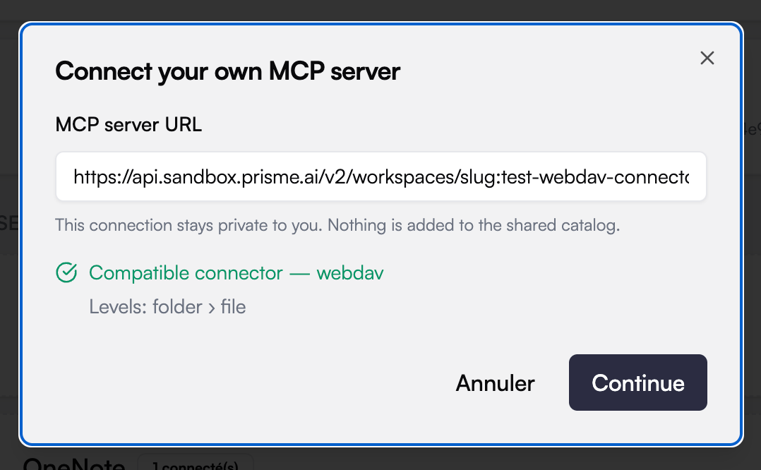 After Check: Compatible connector — webdav, Levels folder then file, and a Continue button