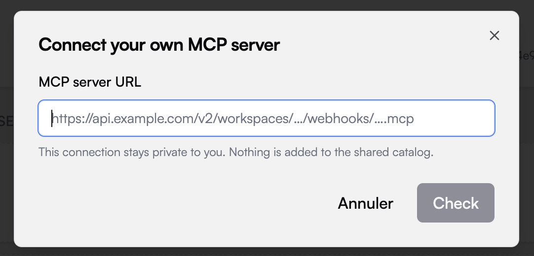 Connect your own MCP server: the URL field, before checking