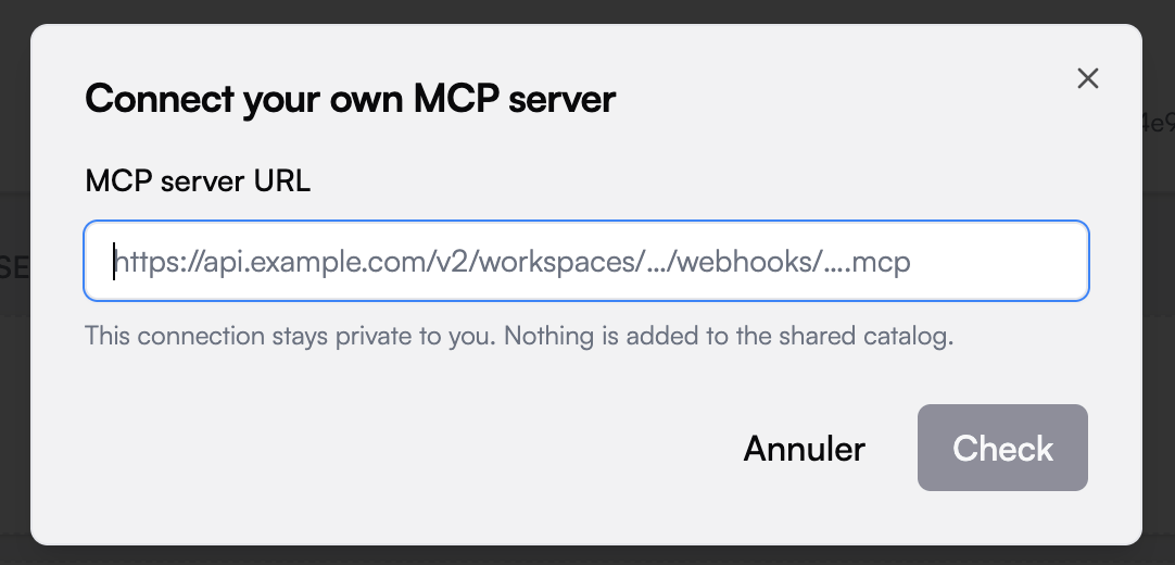 Connect your own MCP server: the URL field, before checking