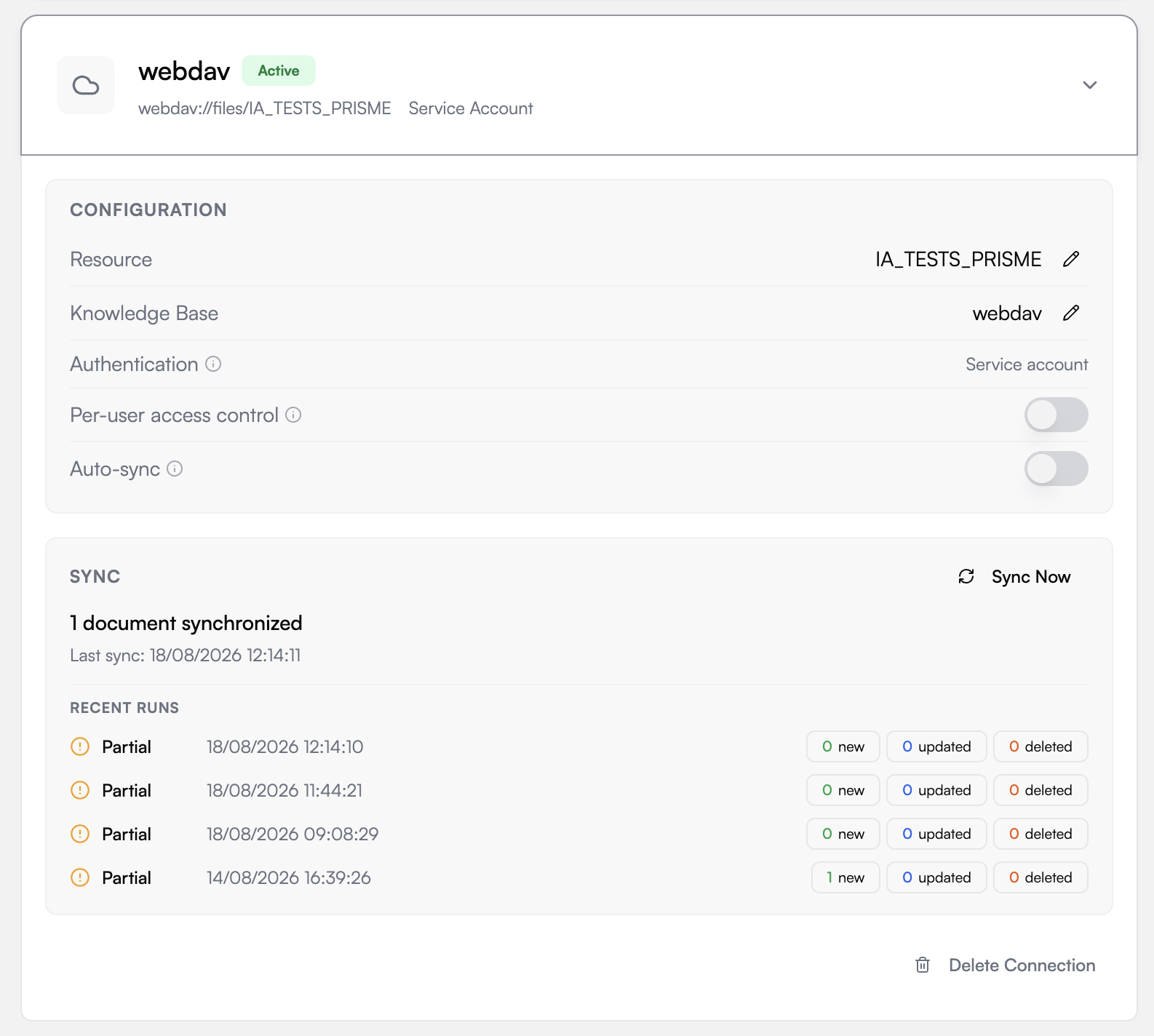 A synced WebDAV connection: source webdav://files/…, Service account authentication, and its recent runs
