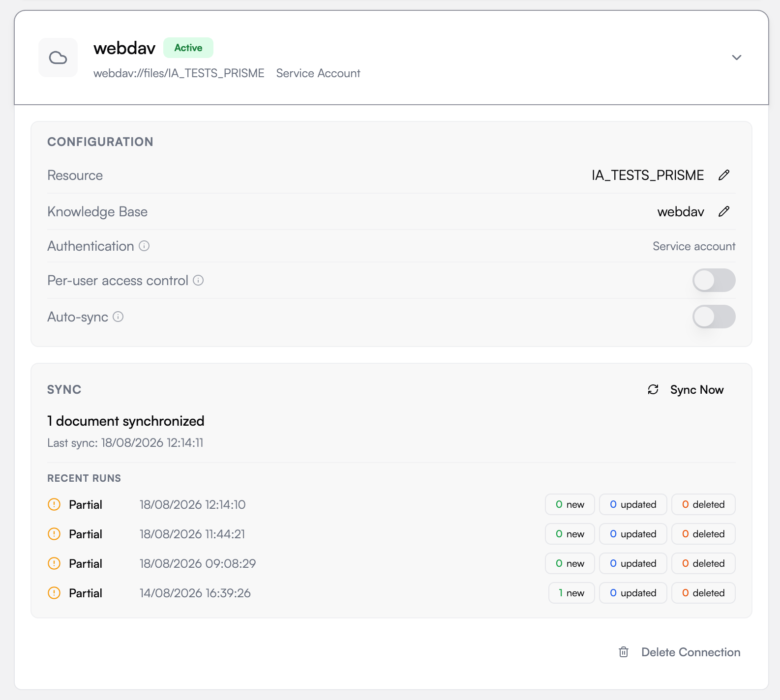 A synced WebDAV connection: source webdav://files/…, Service account authentication, and its recent runs