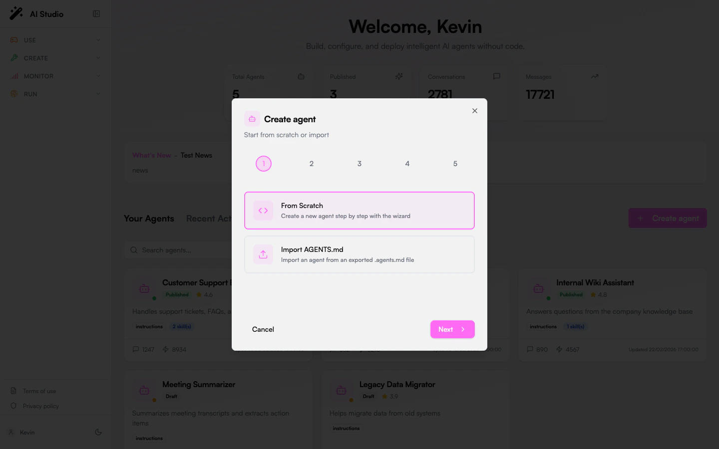 Agent Creator Create Agent wizard with From Scratch / Import AGENTS.md options