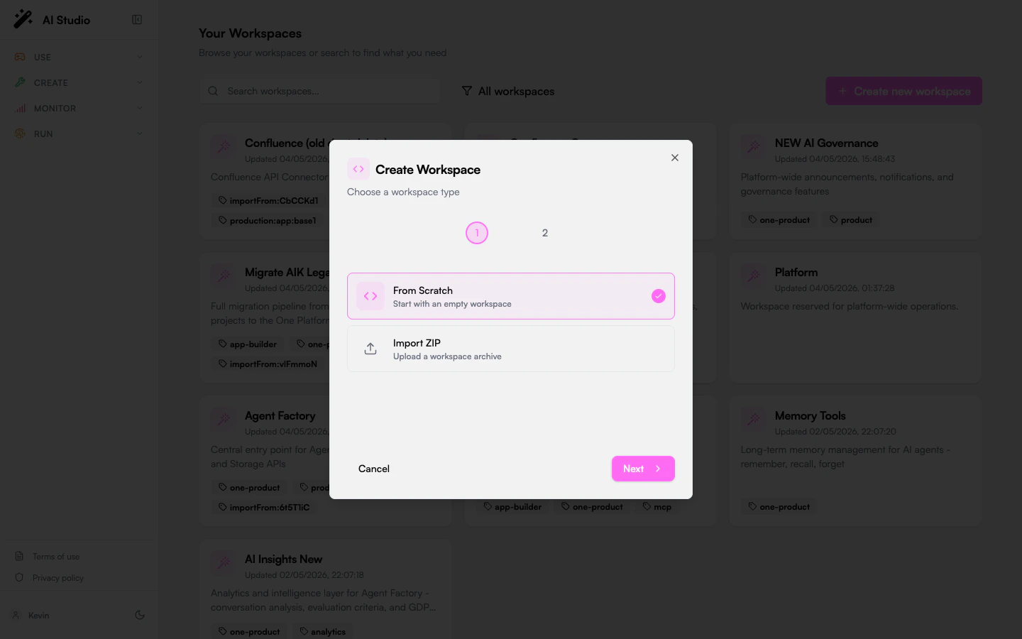 Builder Create Workspace wizard step 1: From Scratch / Import ZIP