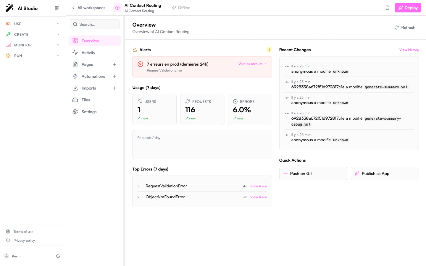 Builder workspace Overview page with sidebar (Overview, Activity, Pages, Automations, Imports, Files, Settings) and Usage / Recent Changes / Quick Actions panels