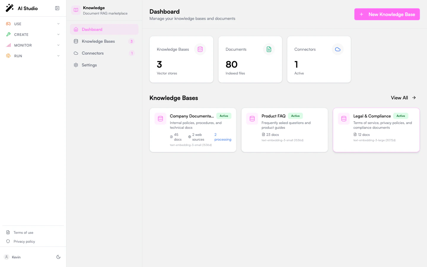 Knowledges dashboard with Dashboard/Knowledge Bases/Connectors/Settings sidebar and stats tiles