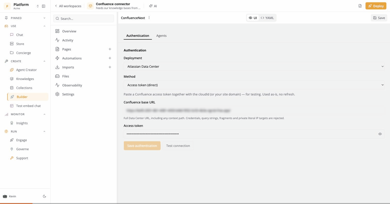 Authentication saved, Connection OK, then the Agents tab and Add to catalog, which reports Added to the Capabilities catalog