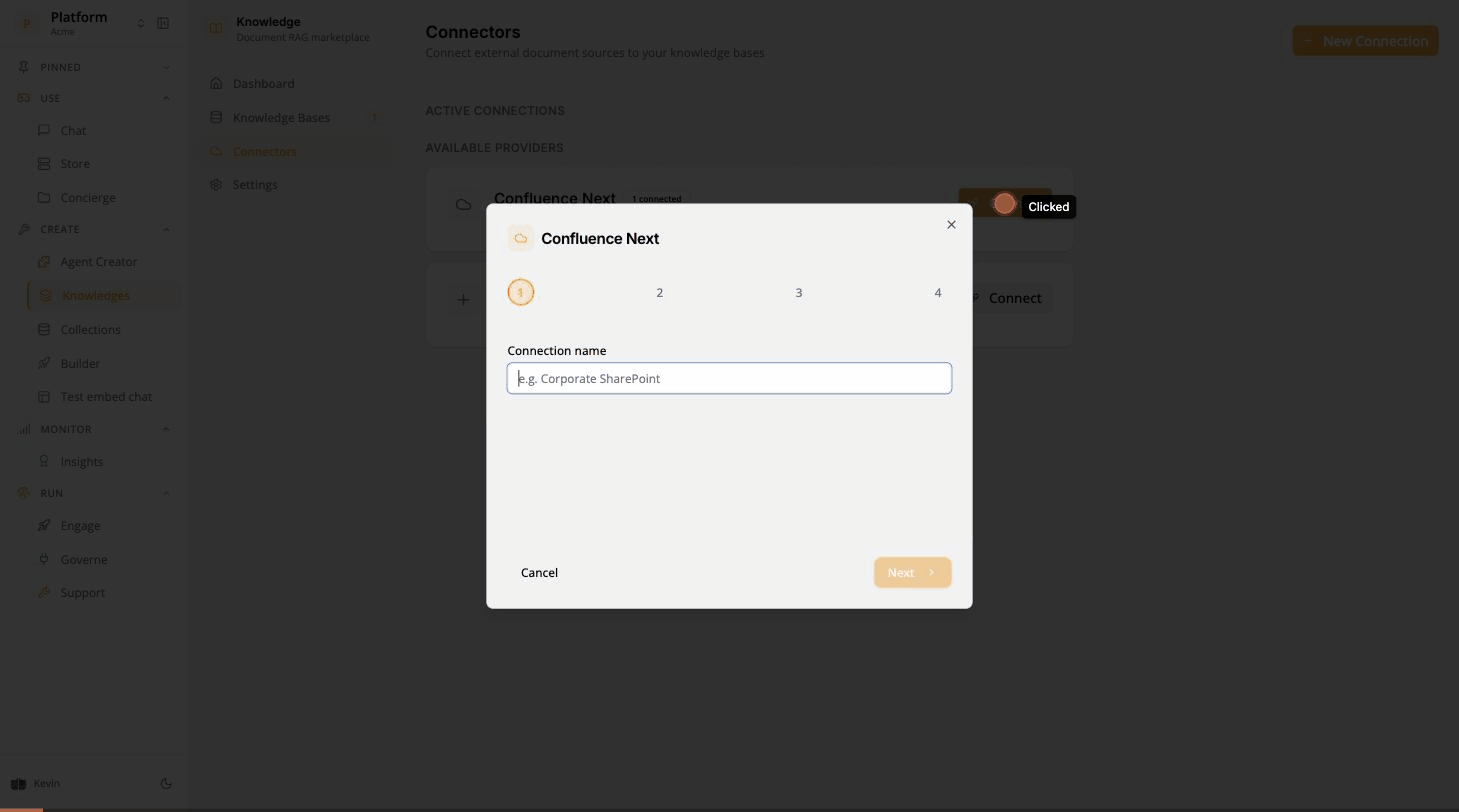 Knowledges Connectors: Connect, name the connection, pick the Engineering space, turn per-reader permissions off, create a knowledge base, Save & Connect