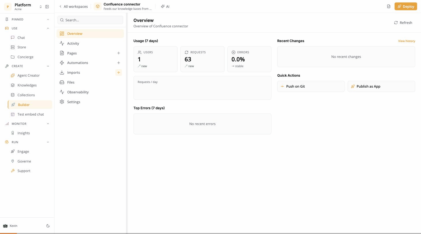Builder: Imports, +, search ConfluenceNext, Install, then the instance opens on its Authentication tab