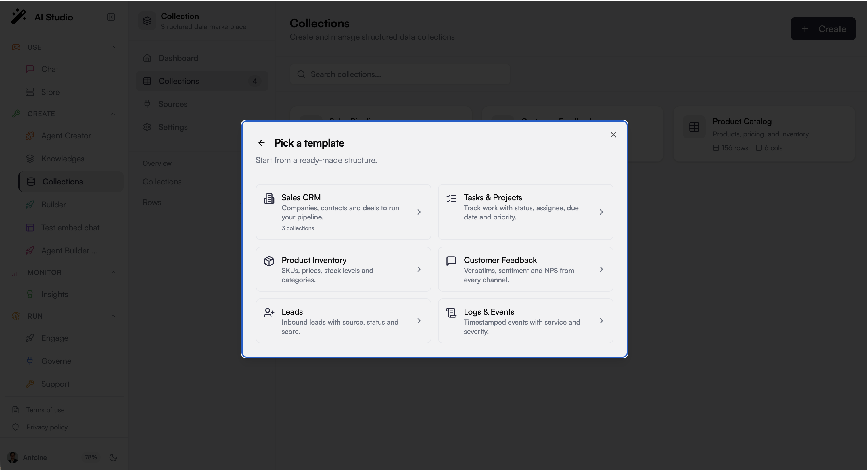 Create Collection dialog with CSV import option