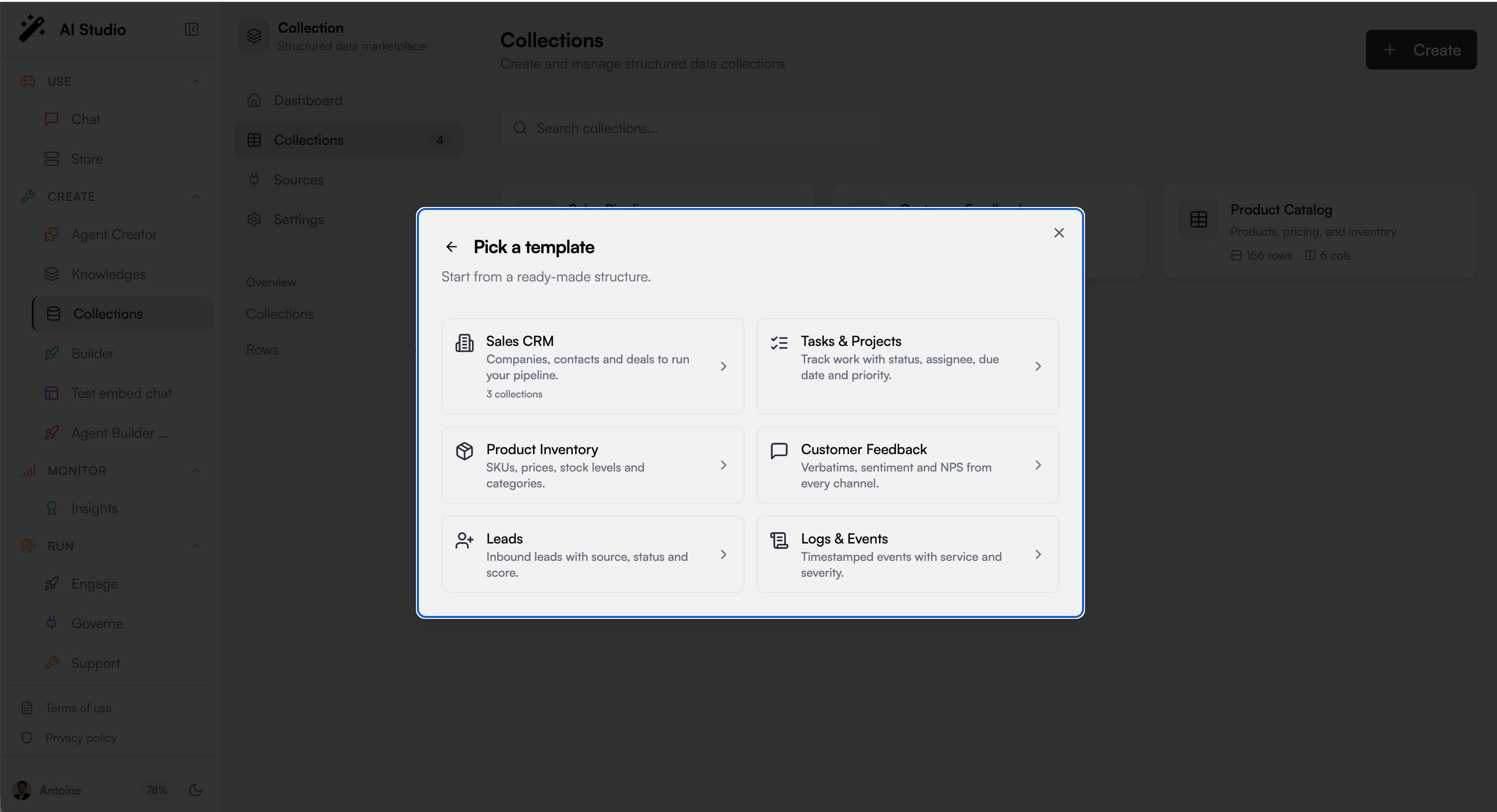 Create Collection dialog with CSV import option