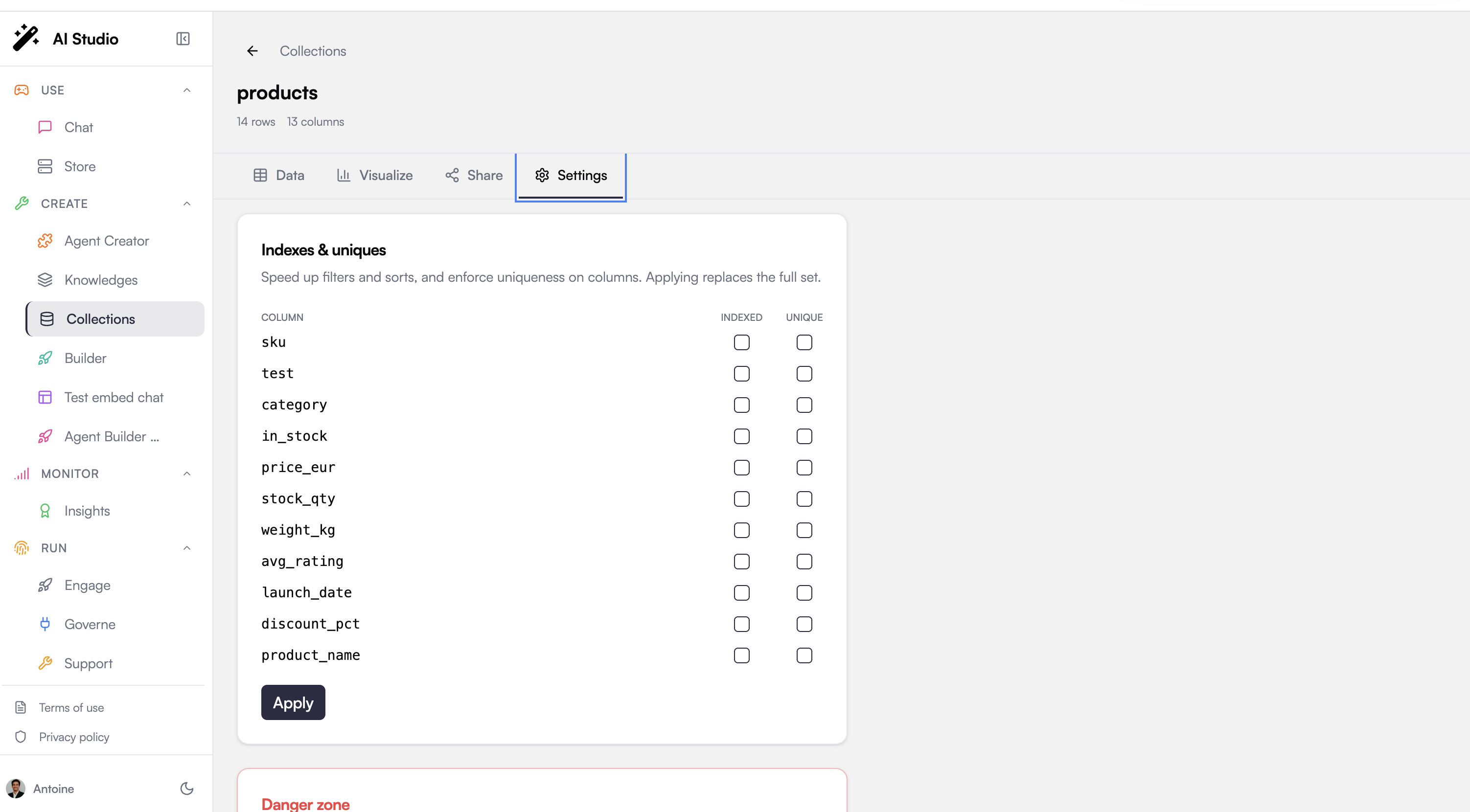 Collection Settings tab