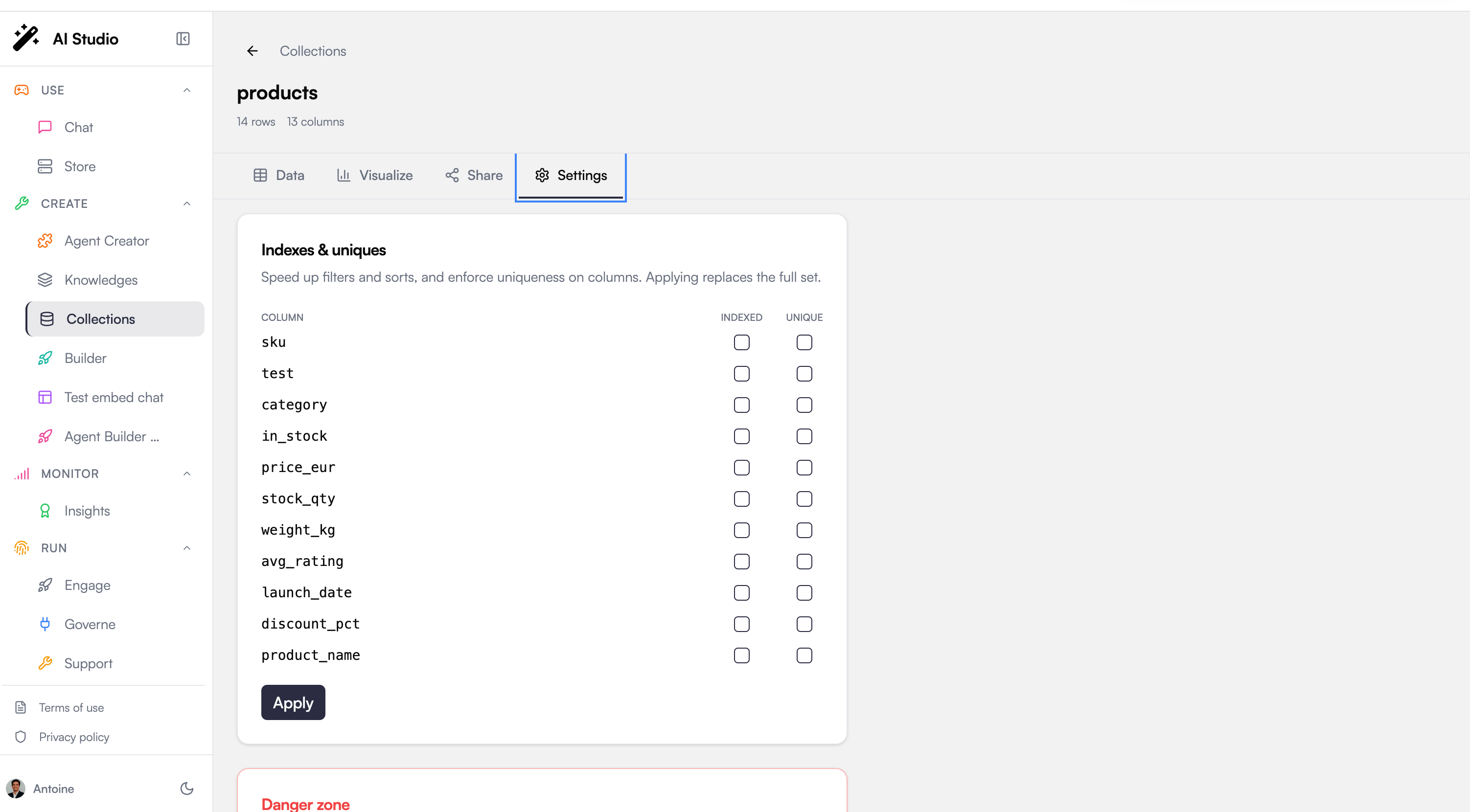 Collection Settings tab