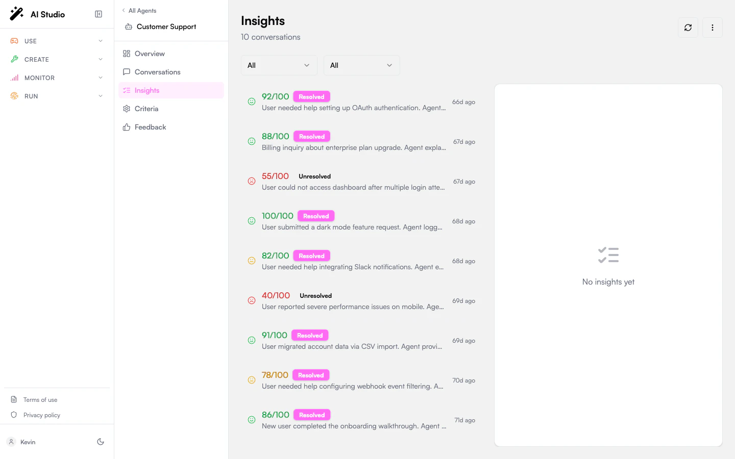 Insights page with sentiment and status filters, the insights list, and a detail panel showing Evaluations, Key Moments, and Token Usage