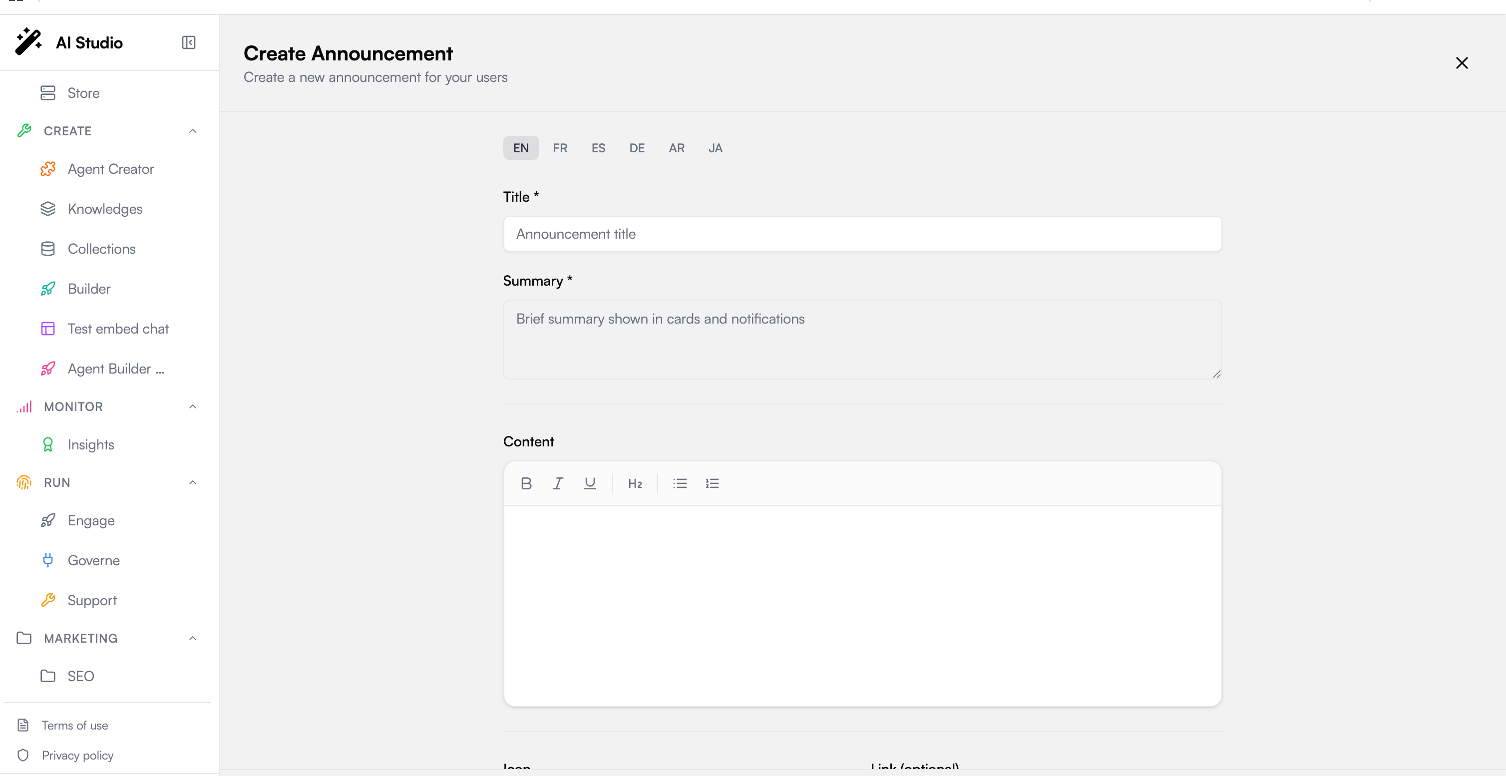 Create Announcement form with language tabs, title, summary, and rich-text content editor