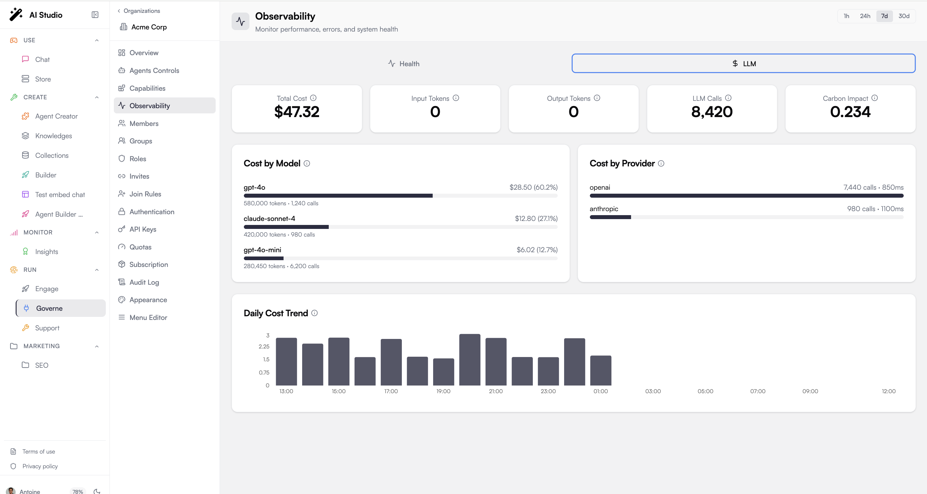 LLM cost and usage tab