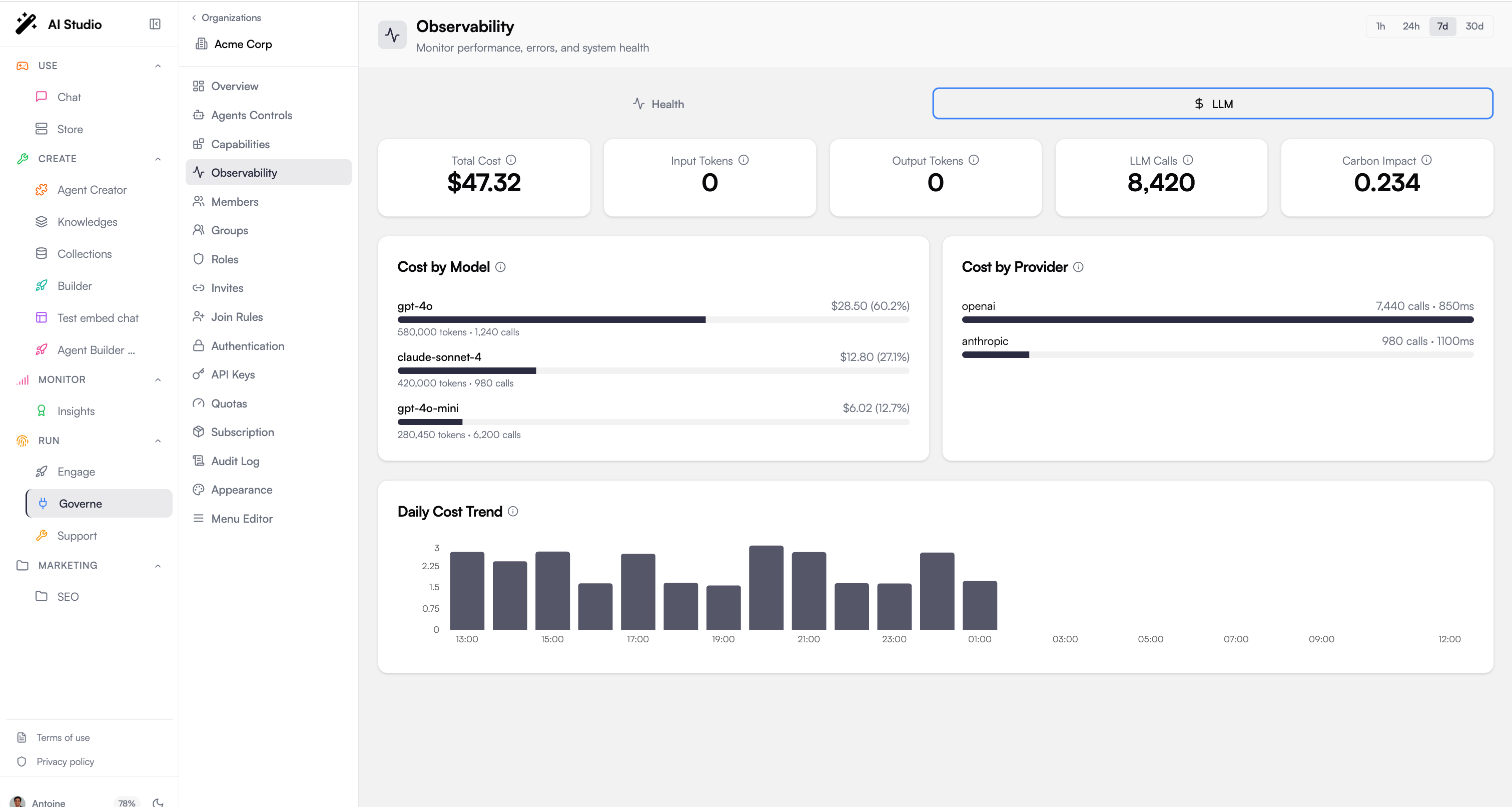 LLM cost and usage tab