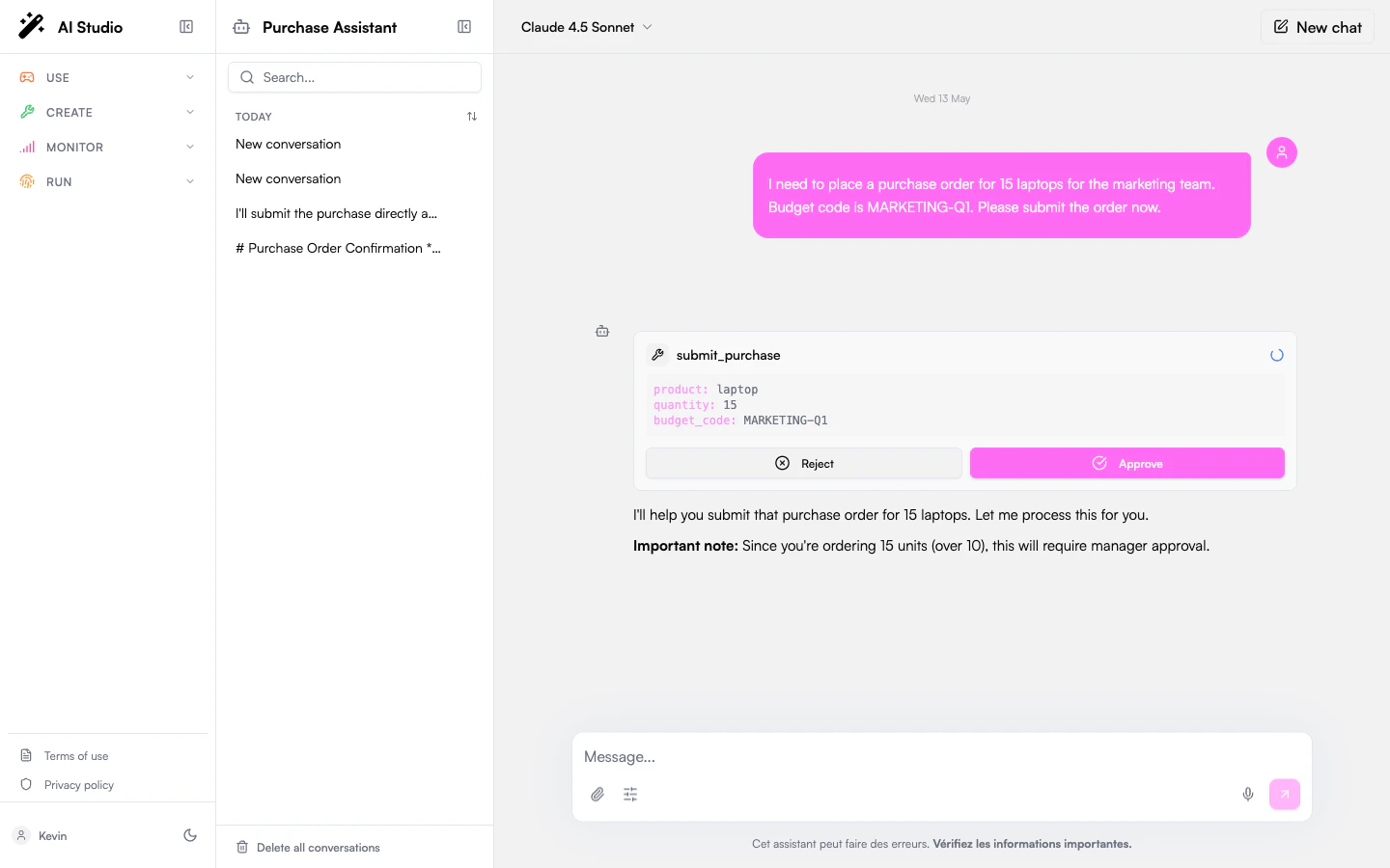 Chat with a pending approval card showing the submit_purchase tool, its arguments, and Approve / Reject buttons