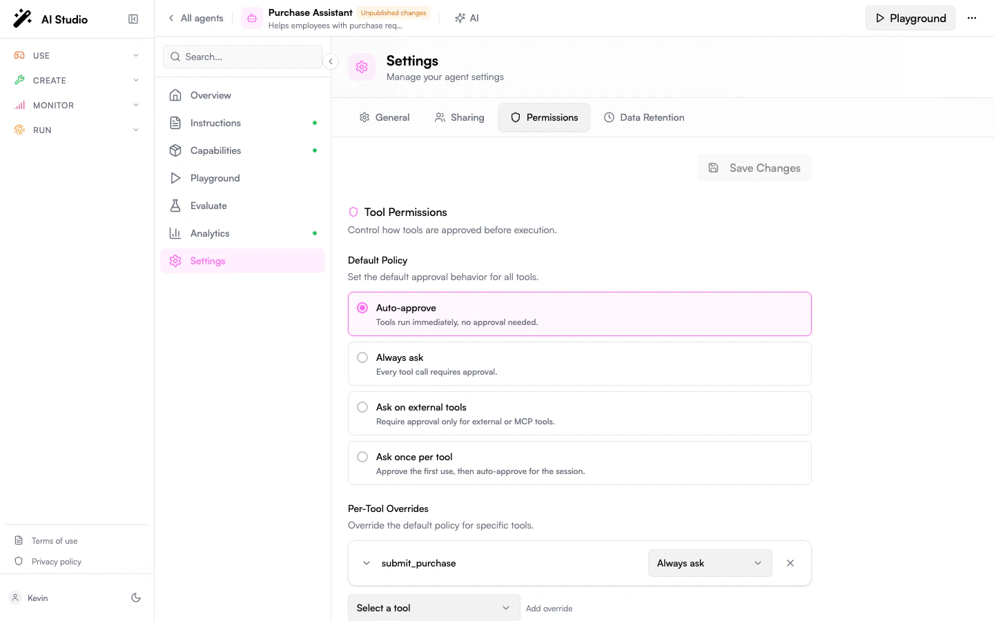 Agent Creator Permissions tab with Default Policy section and the four options