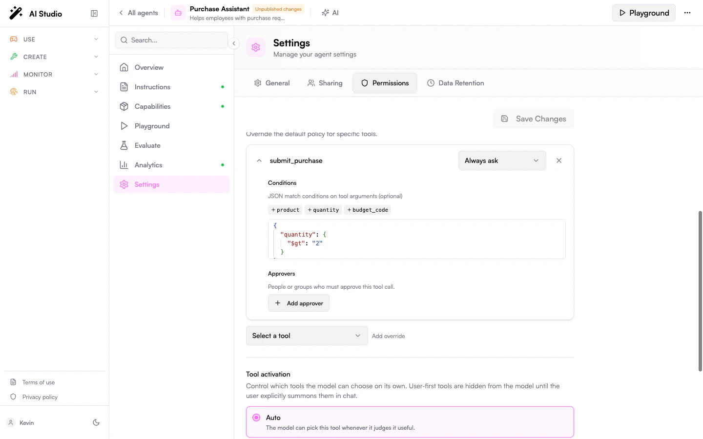 Per-tool override expanded for submit_purchase showing tool name, policy dropdown, conditions JSON, and approvers