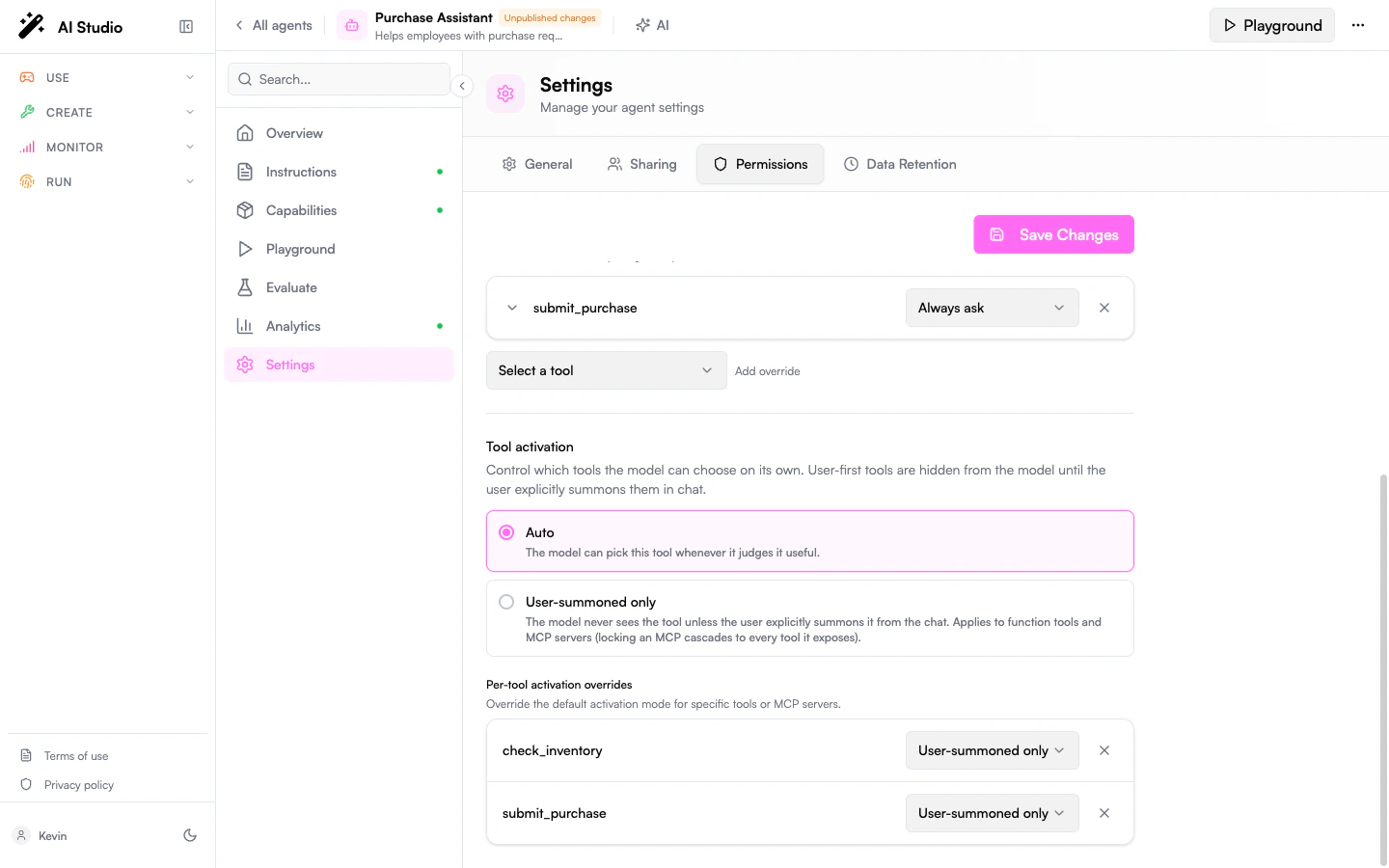 Agent Creator Permissions tab Tool activation section with Auto / User-summoned only defaults and a check_inventory override