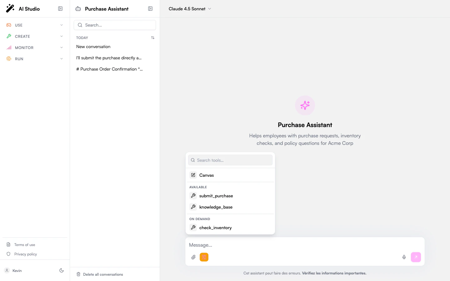 Chat tools dropdown open showing the On demand section alongside Available