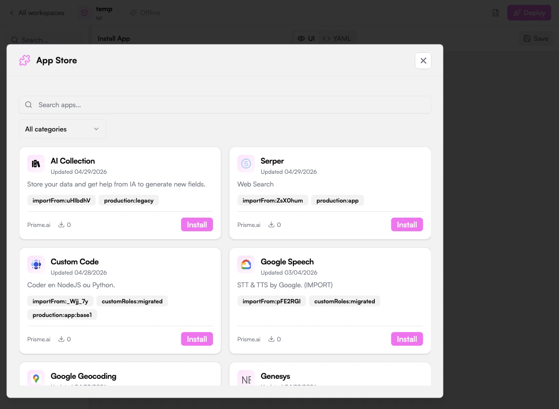 Builder App Store modal for installing imports