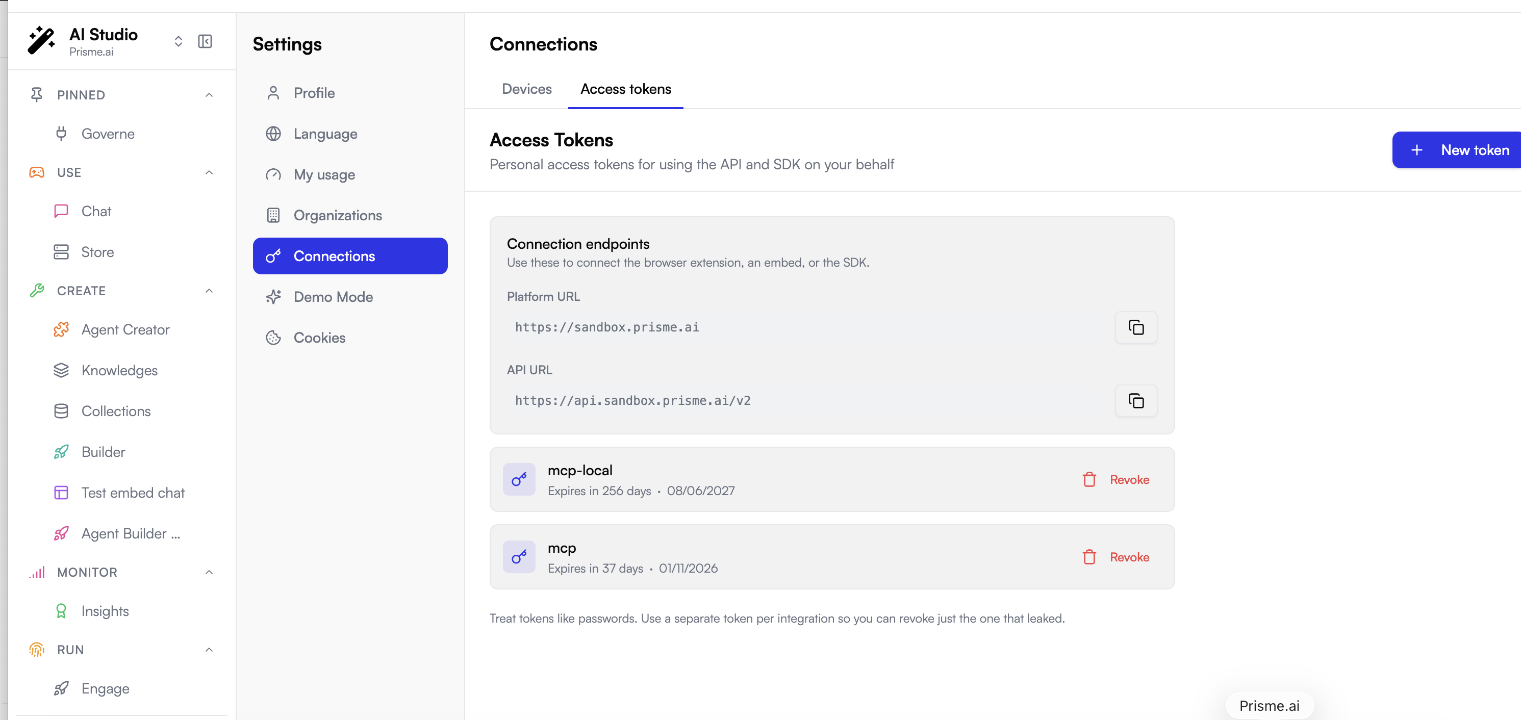The Connection endpoints box in Settings, showing the Platform URL and API URL to use in the desktop app