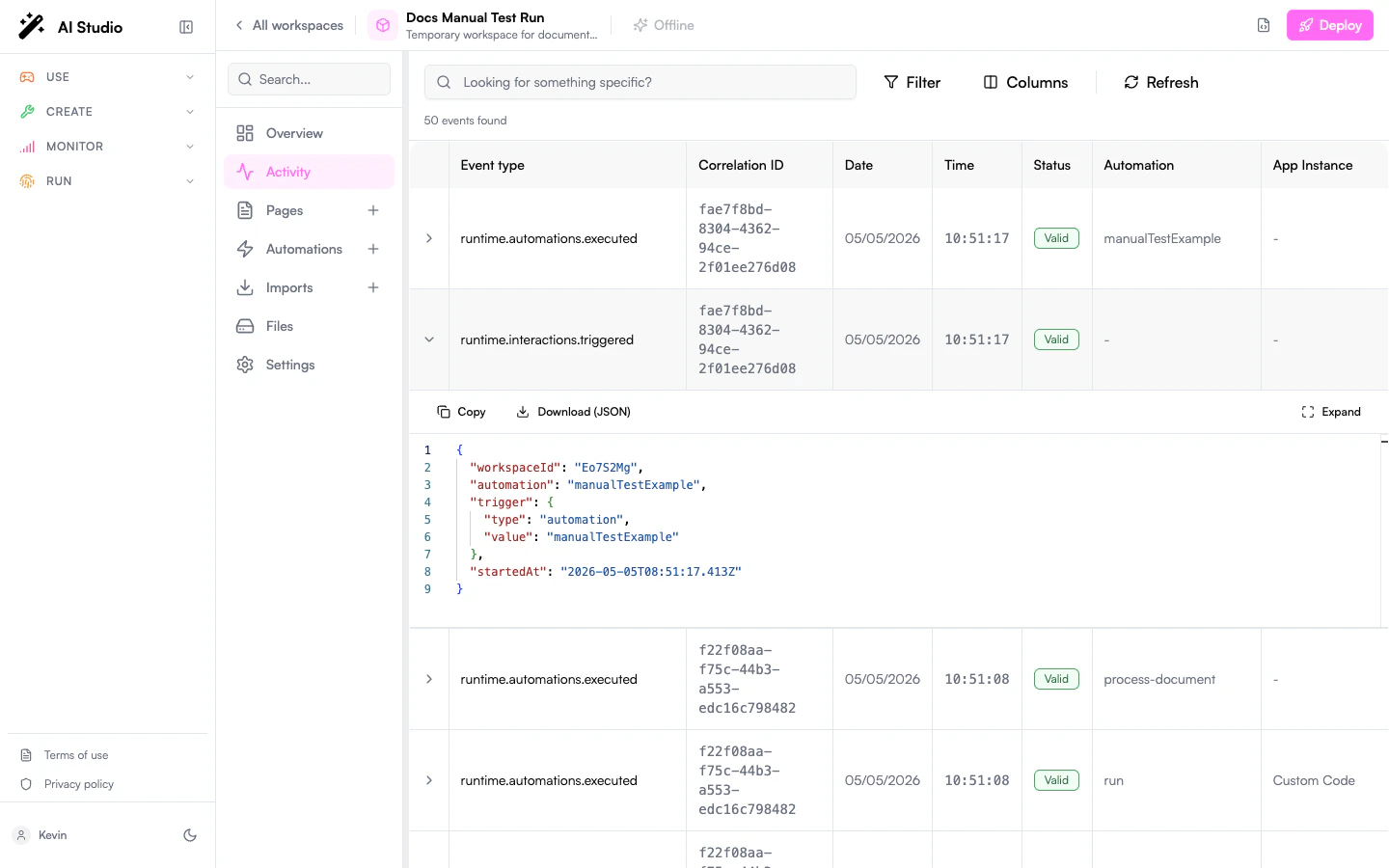 Activity tab showing recent runs of process-document and the Custom Code app, with one row expanded to reveal the JSON payload