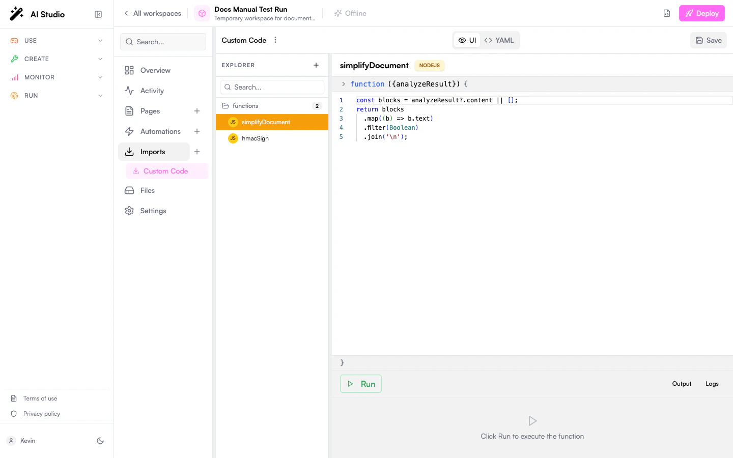 Builder Imports section expanded with Custom Code installed