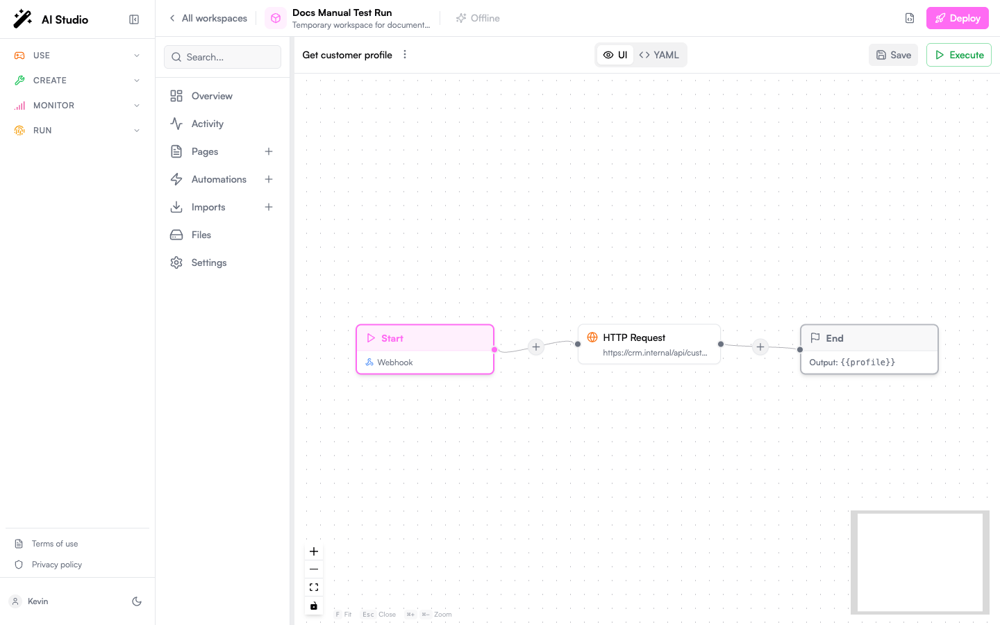Builder automation editor showing the Get customer profile automation with a Webhook trigger and an HTTP Request step