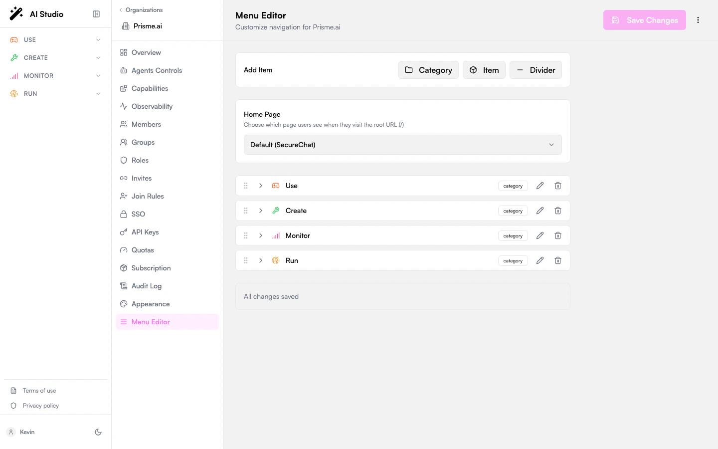 Menu Editor in Govern listing the Use, Create, Monitor and Run categories that compose the platform navigation
