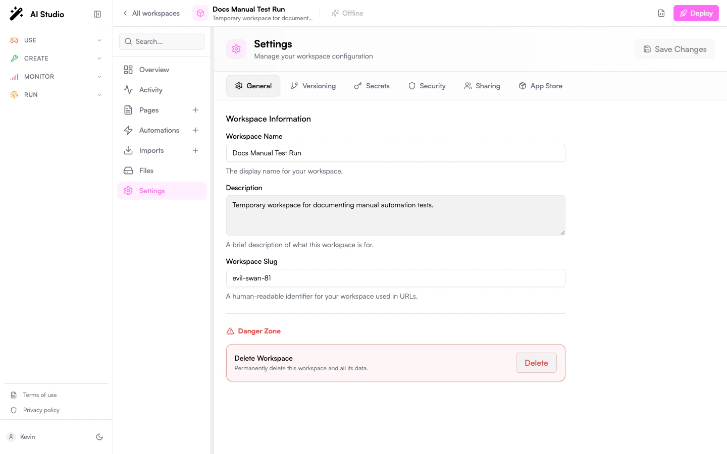 Workspace Settings page with Workspace Name, Description, and Slug fields filled in