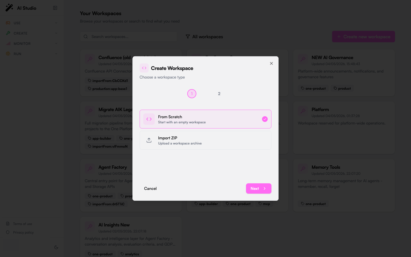 Builder Create Workspace wizard step 1: From Scratch / Import ZIP