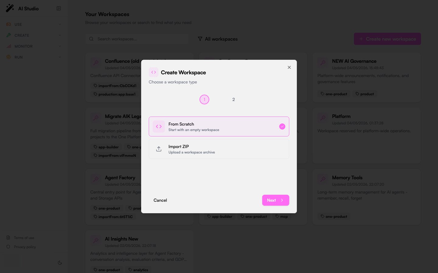 Builder Create Workspace wizard step 1: From Scratch / Import ZIP