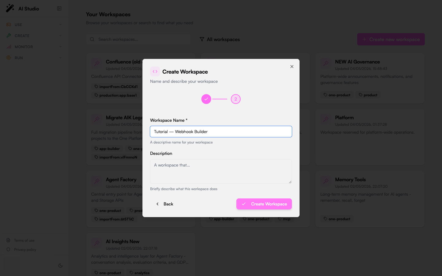 Builder Create Workspace wizard step 2: name and description