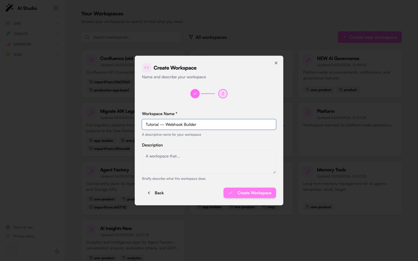 Builder Create Workspace wizard step 2: name and description