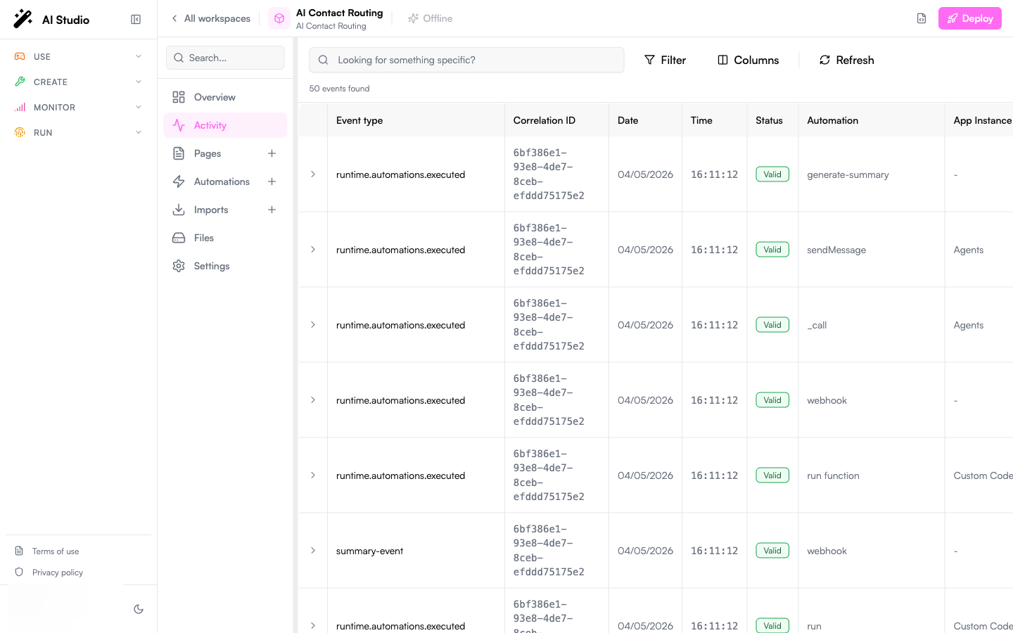 Builder workspace Activity log listing runtime.automations.executed events for generate-summary, sendMessage, _call, webhook, run function and the summary-event trigger