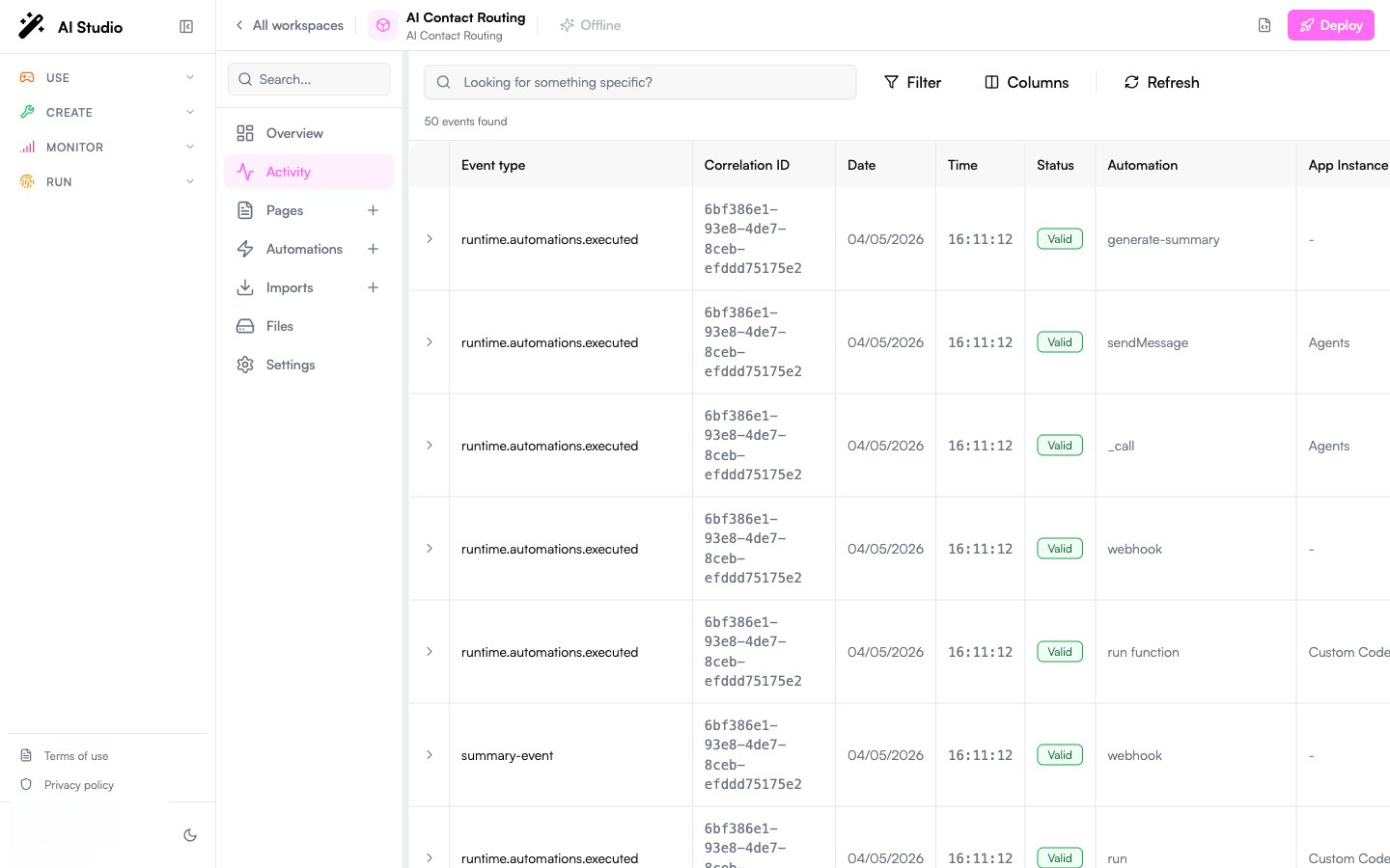 Builder workspace Activity log listing runtime.automations.executed events for generate-summary, sendMessage, _call, webhook, run function and the summary-event trigger