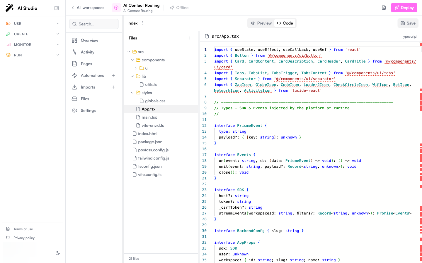Builder Pages editor for the index page with Preview / Code toggle, device viewport selectors, and Save button