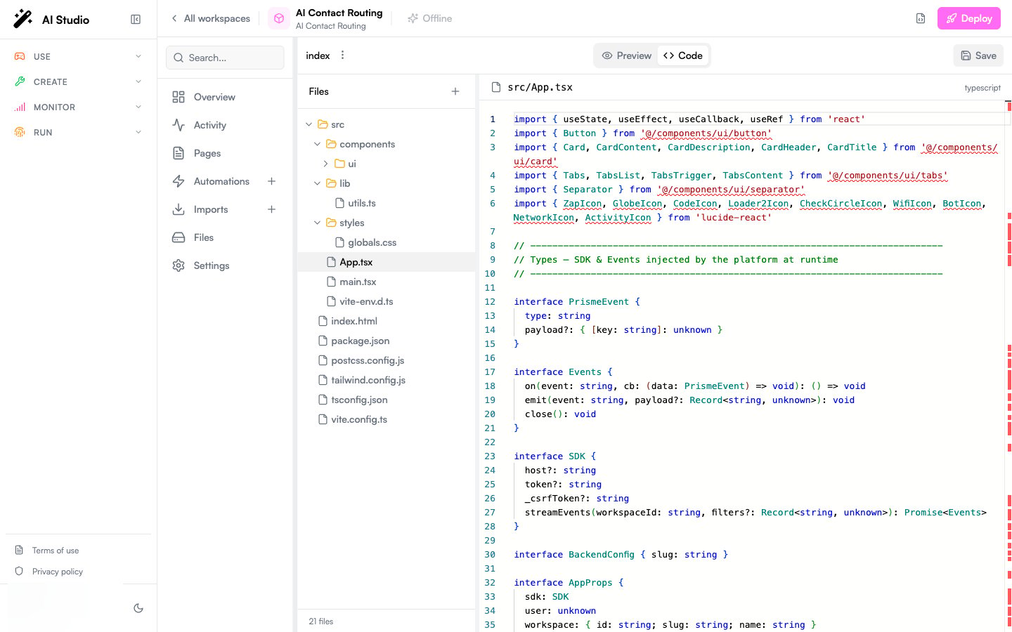 Builder Pages editor for the index page with Preview / Code toggle, device viewport selectors, and Save button
