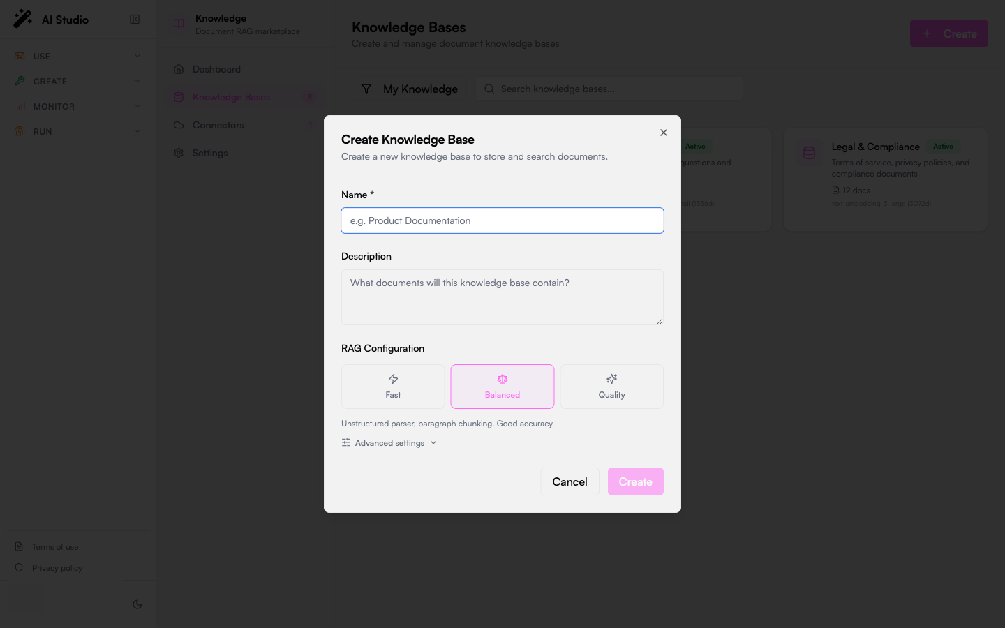 Knowledges Create Knowledge Base dialog