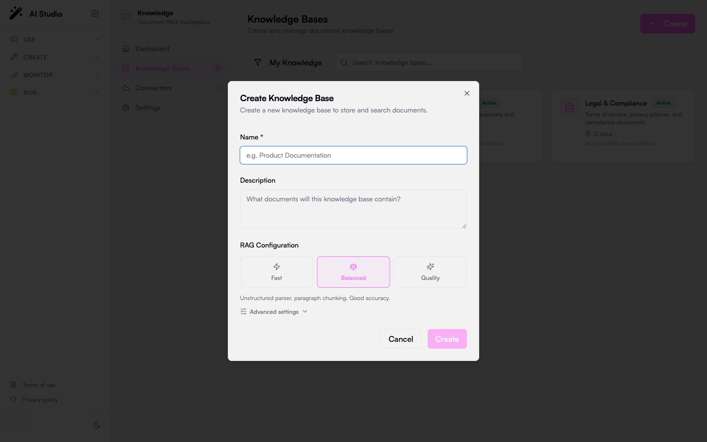 Knowledges Create Knowledge Base dialog