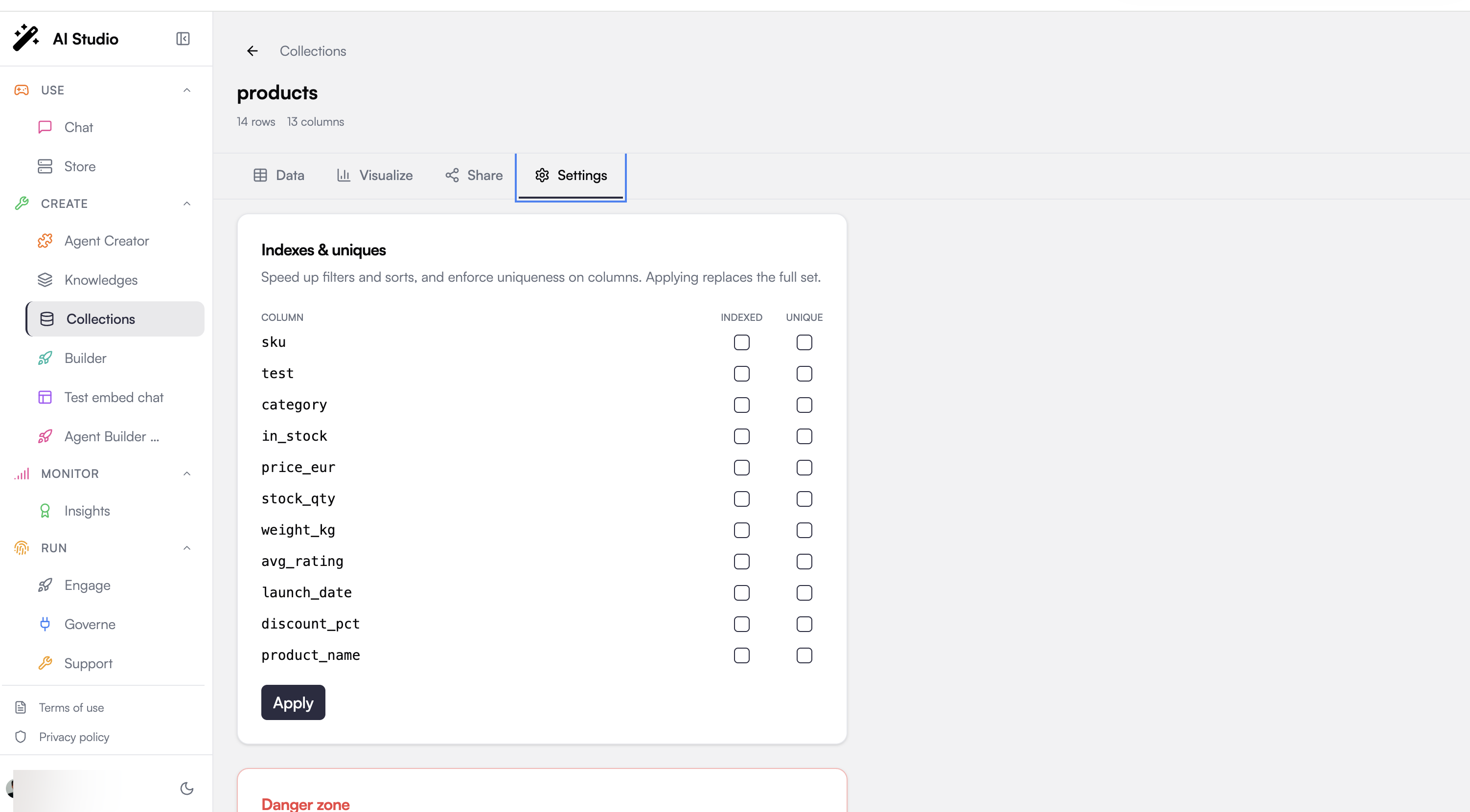 Collection Settings tab