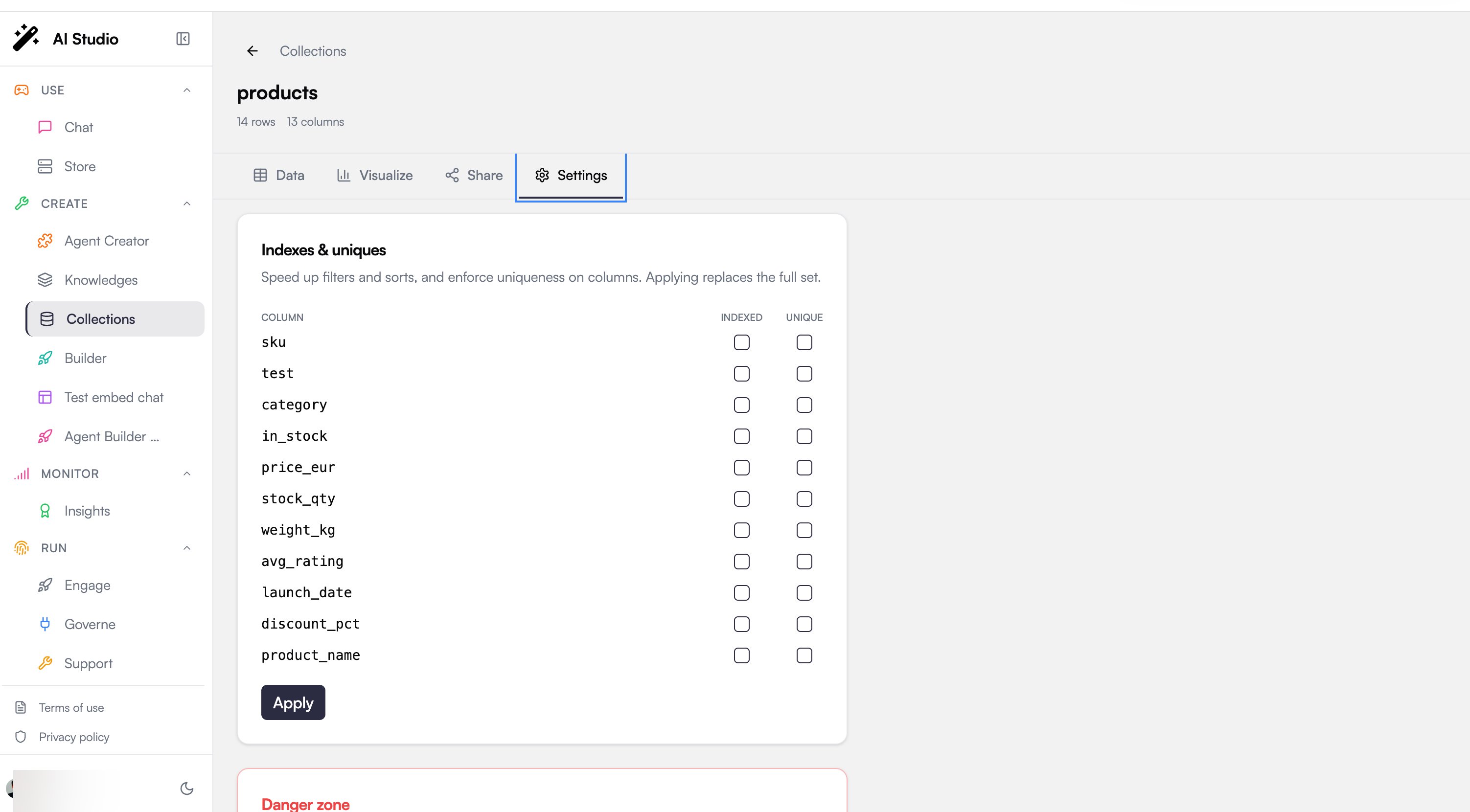 Collection Settings tab