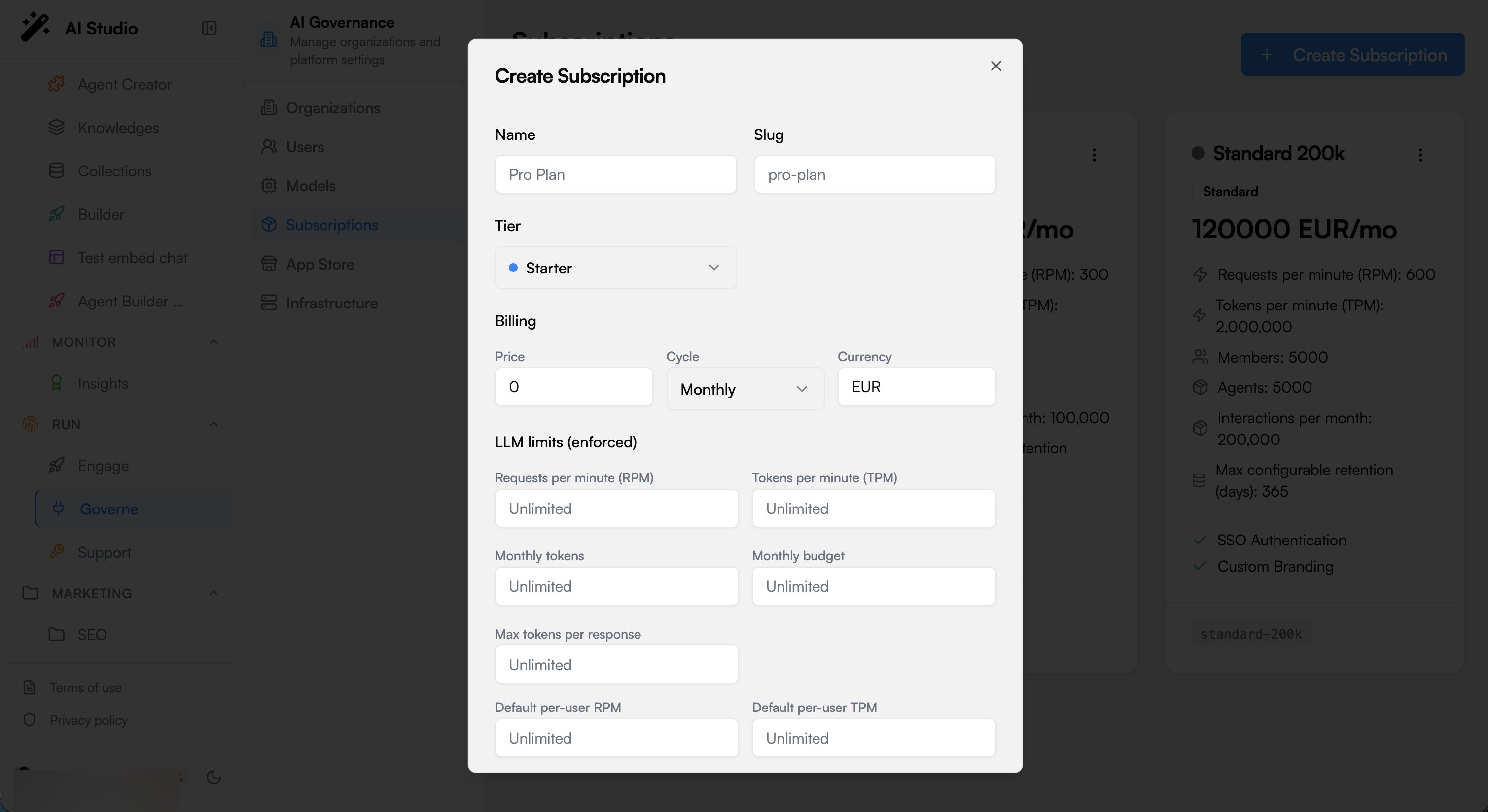 Create subscription form with billing, LLM limits and model tiers